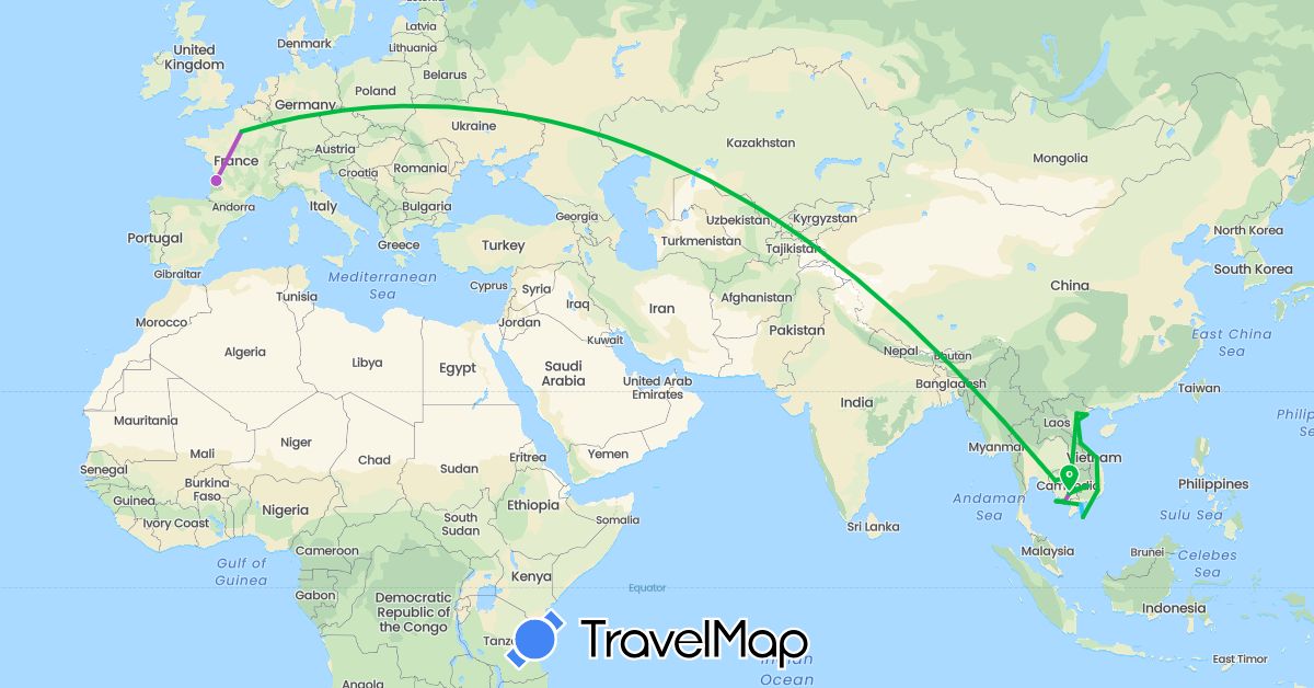 TravelMap itinerary: driving, bus, train, boat in France, Cambodia, Vietnam (Asia, Europe)