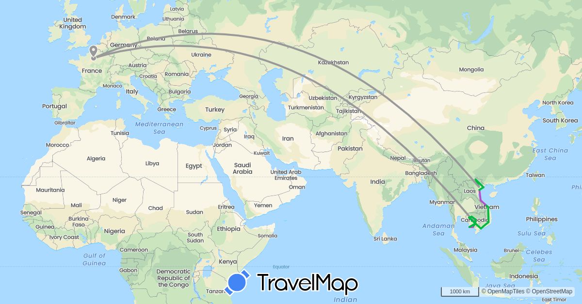 TravelMap itinerary: driving, bus, plane, train in France, Cambodia, Vietnam (Asia, Europe)